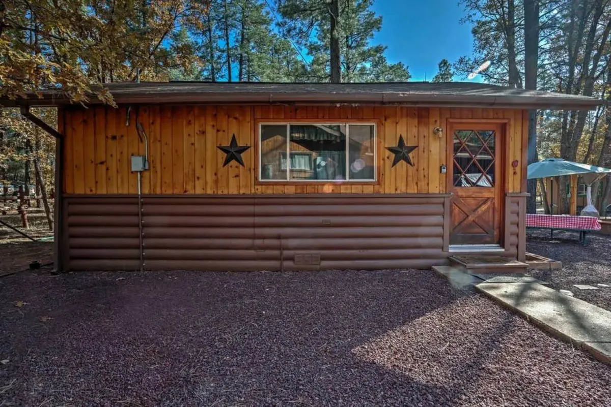 An inviting view of the wooden cabin exterior with stars on the wall and lush trees encircling the property. The front door welcomes guests, while the cozy porch and shaded surroundings suggest a relaxing transition space between the indoors and the activity-filled outdoors.